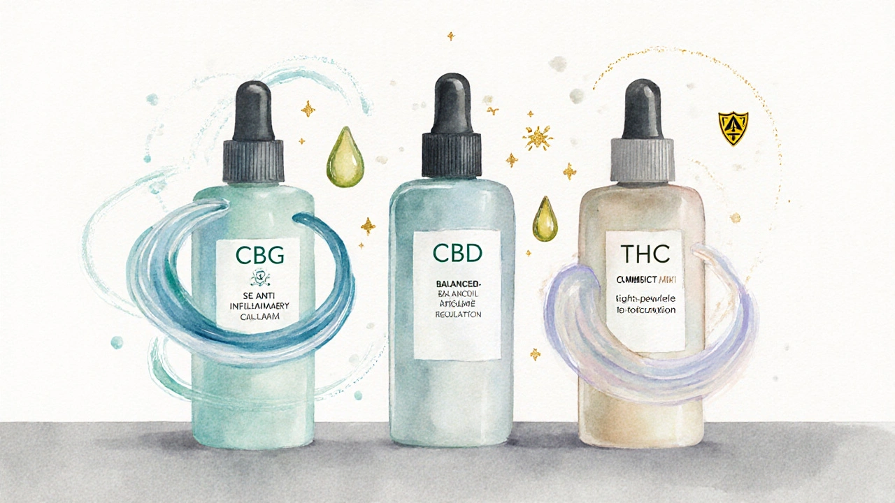 Drei Hautpflegeflaschen (CBG, CBD, THC) nebeneinander, umgeben von Symbolen für Entzündungshemmung, Sebum‑Regulierung und Antioxidans.