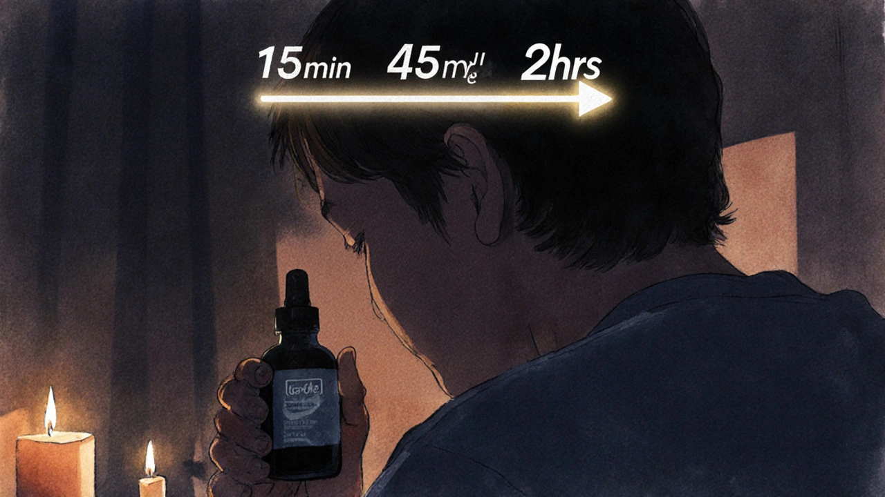 Eine Person hält eine Tinkturflasche in ruhiger, gedämpfter Umgebung.