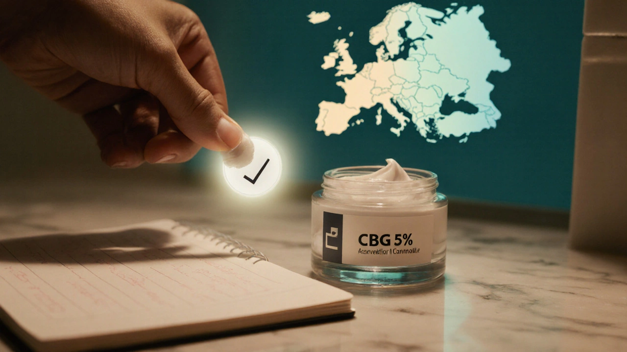 Entspannende Badszene: Hand trägt CBG‑Creme auf, im Hintergrund dezente EU‑Legalitätsanzeige.