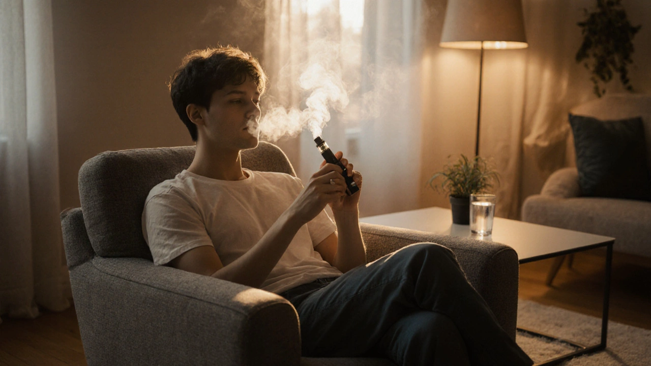 Entspannte Person im Wohnzimmer, hält einen CBD‑Pen, während sanfter Dampf im Abendlicht schwebt.