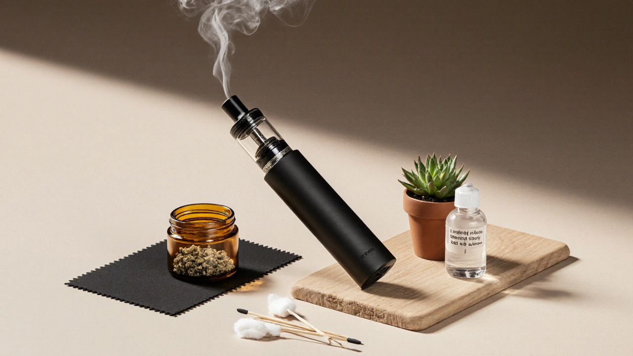 Flachliegende Anordnung von Dab‑Pen, Glasbehälter mit CBD‑Crumble, Silikonmatte und Reinigungstupfer auf Holz.