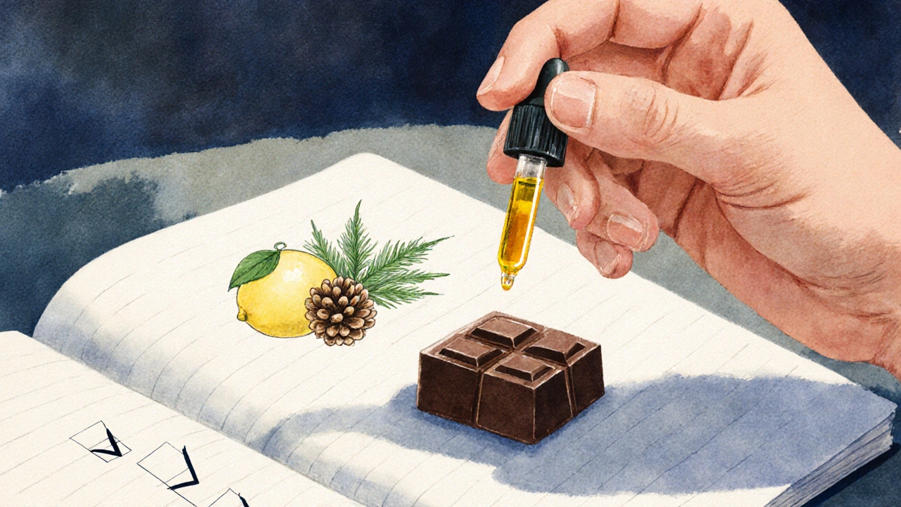 Hand hält CBD‑Tropfen über dunkler Schokolade, daneben Notizbuch mit Terpen‑Symbolen.
