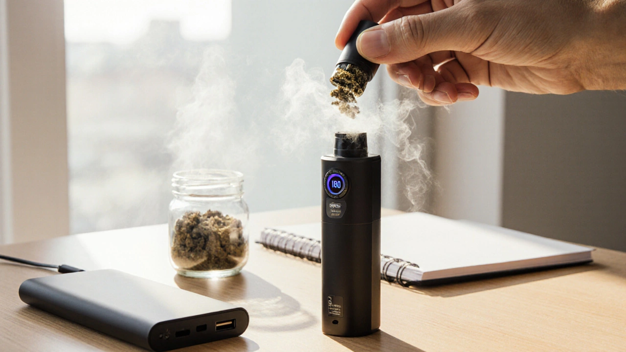 Hand legt CBD‑Crumble auf Dab‑Pen, stellt 180 °C ein und inhaliert, im modernen Arbeitsumfeld.