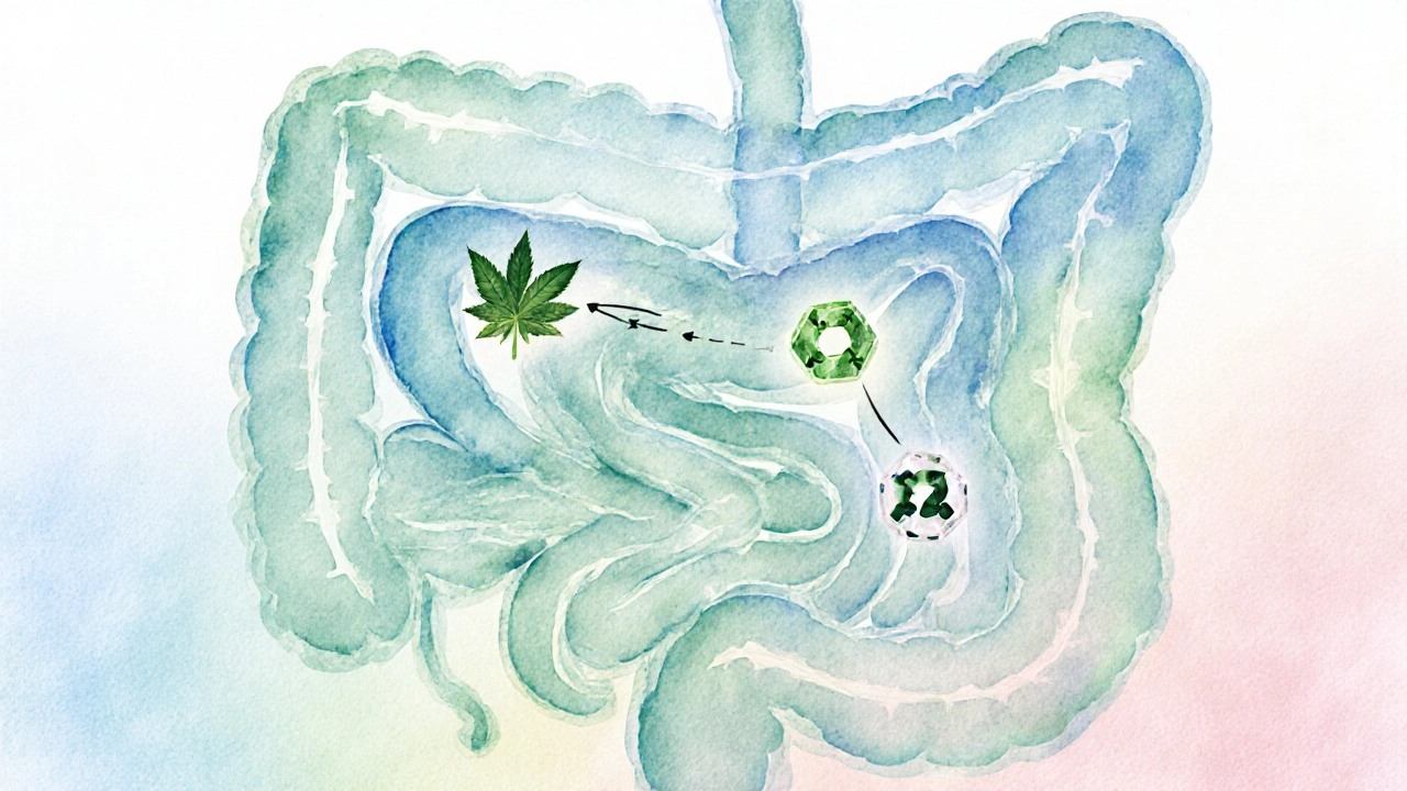 Illustration des Darms mit leuchtenden Cannabinoid‑Rezeptoren, die CBD zeigen.