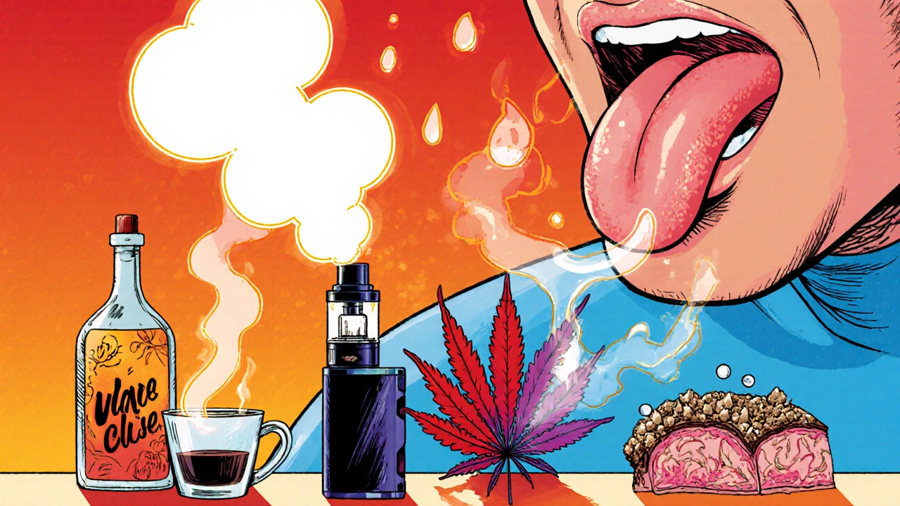 Illustration eines Vaping-Setups mit erhitztem Coil, Kaffee, Cannabisblatt und verdunstenden Tropfen, die trockene Geschmacksknospen zeigen.