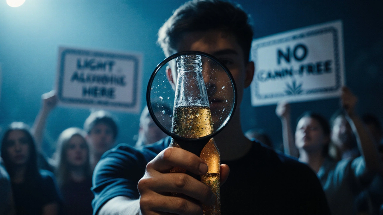 Junge Person untersucht eine Bud Light-Flasche mit Lupe — nur Gerste, Reis und Hopfen sichtbar, kein Cannabis.