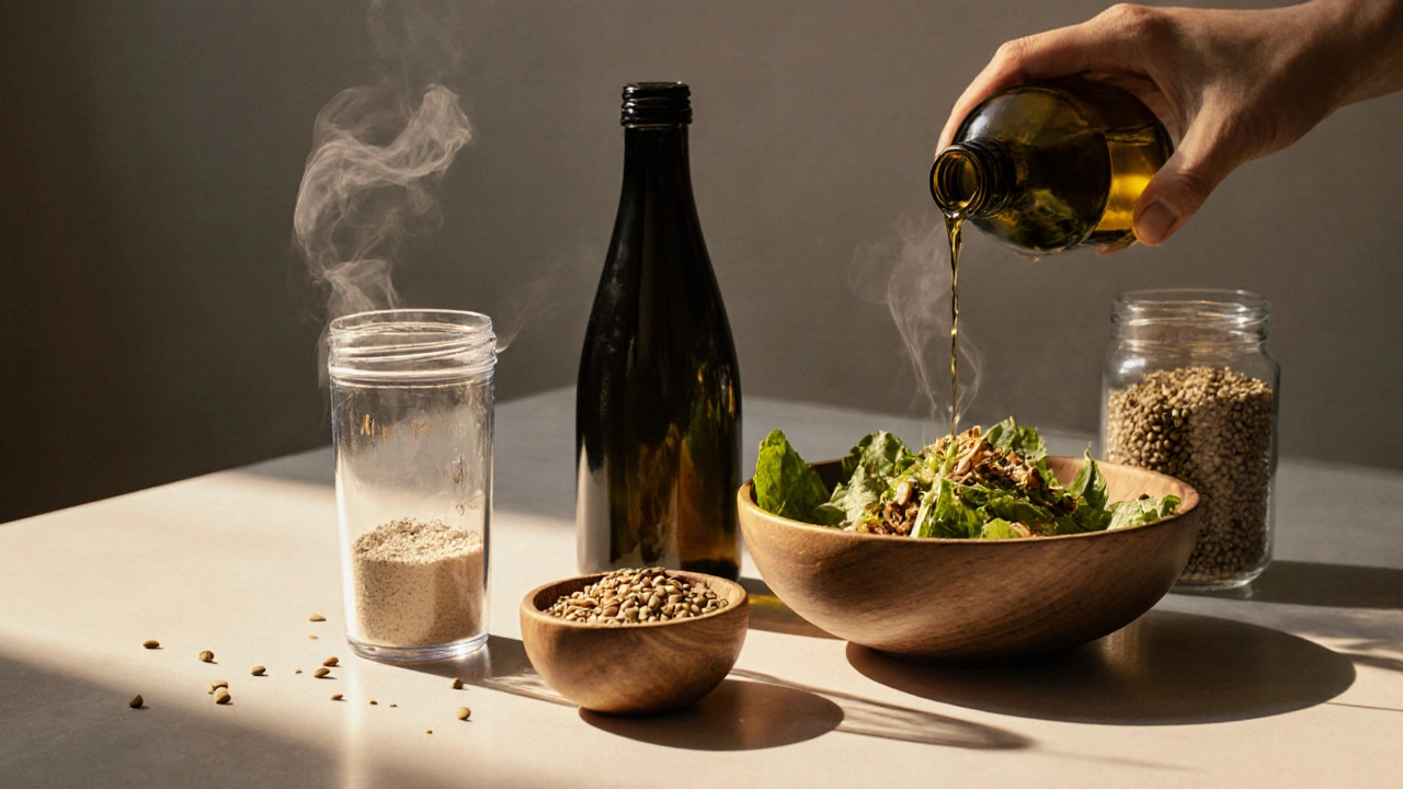 Küchenszene mit Shaker, gerösteten Hanfsamen, Salat und Ölflasche.