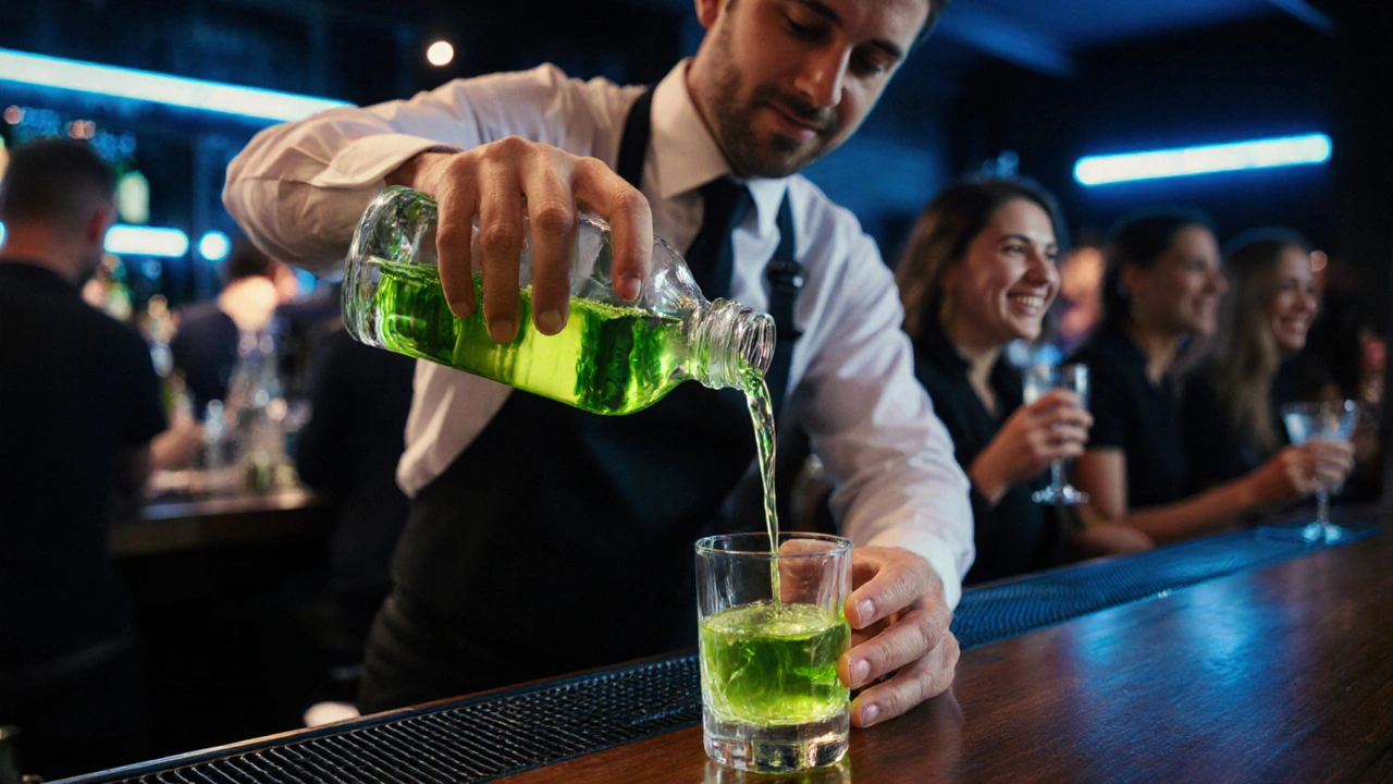 Moderne Bar, Barkeeper gießt Absinth, Personen trinken verantwortungsbewusst