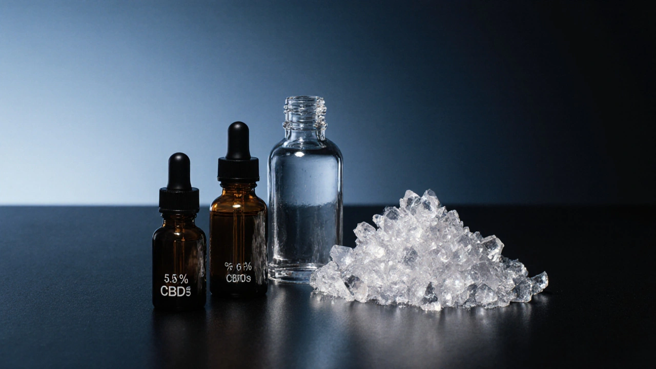 Nahaufnahme von verschiedenen CBD‑Flaschen, Pipetten und weißem CBD‑Kristall auf dunklem Untergrund.