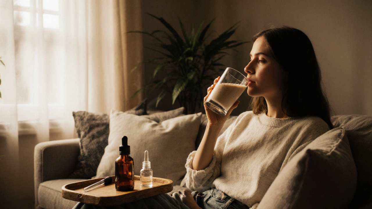 Person genießt einen Smoothie, Tinkturflasche und Pipette im gemütlichen Raum.
