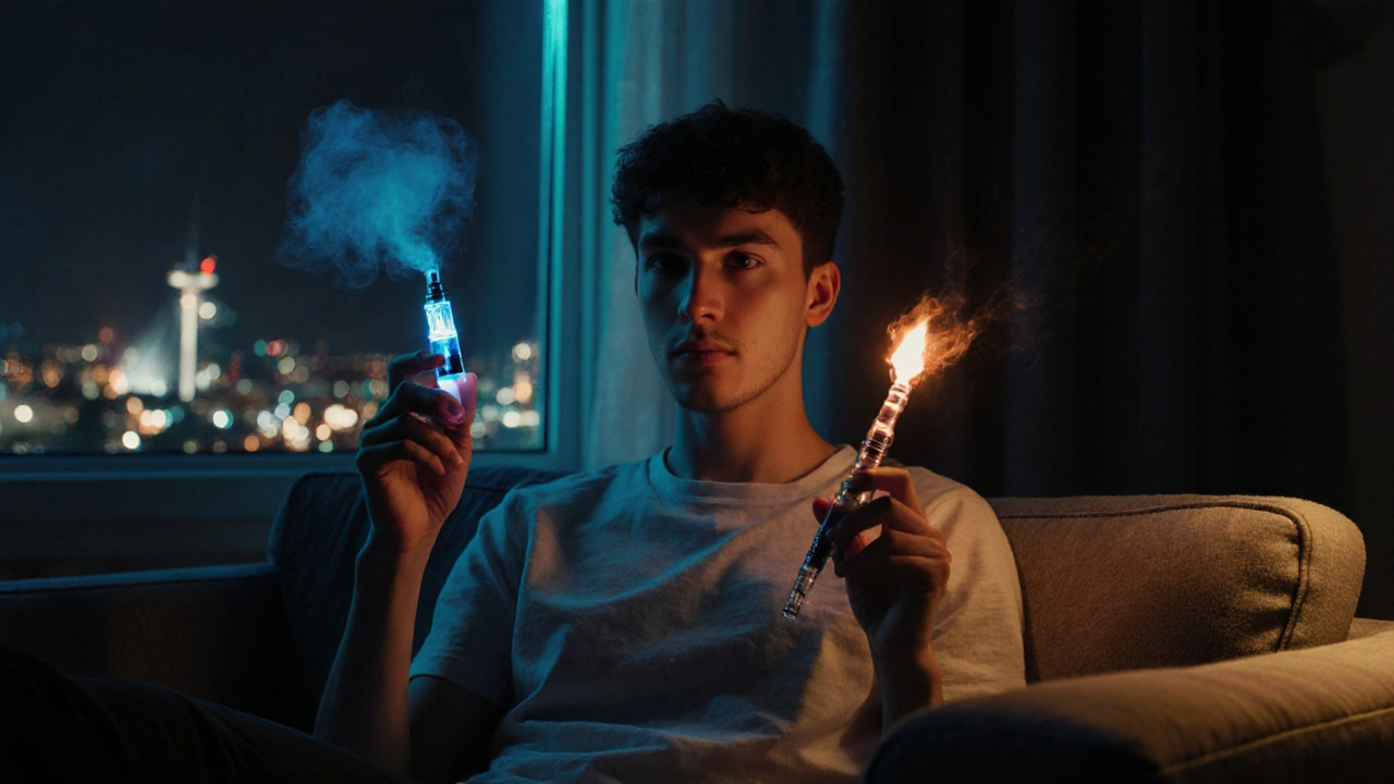 Person hält Dab Pen und Joint in entspannter Abendatmosphäre.