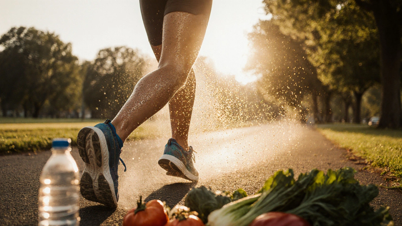 Person jogging at sunrise, CBD metabolites releasing as mist from body.