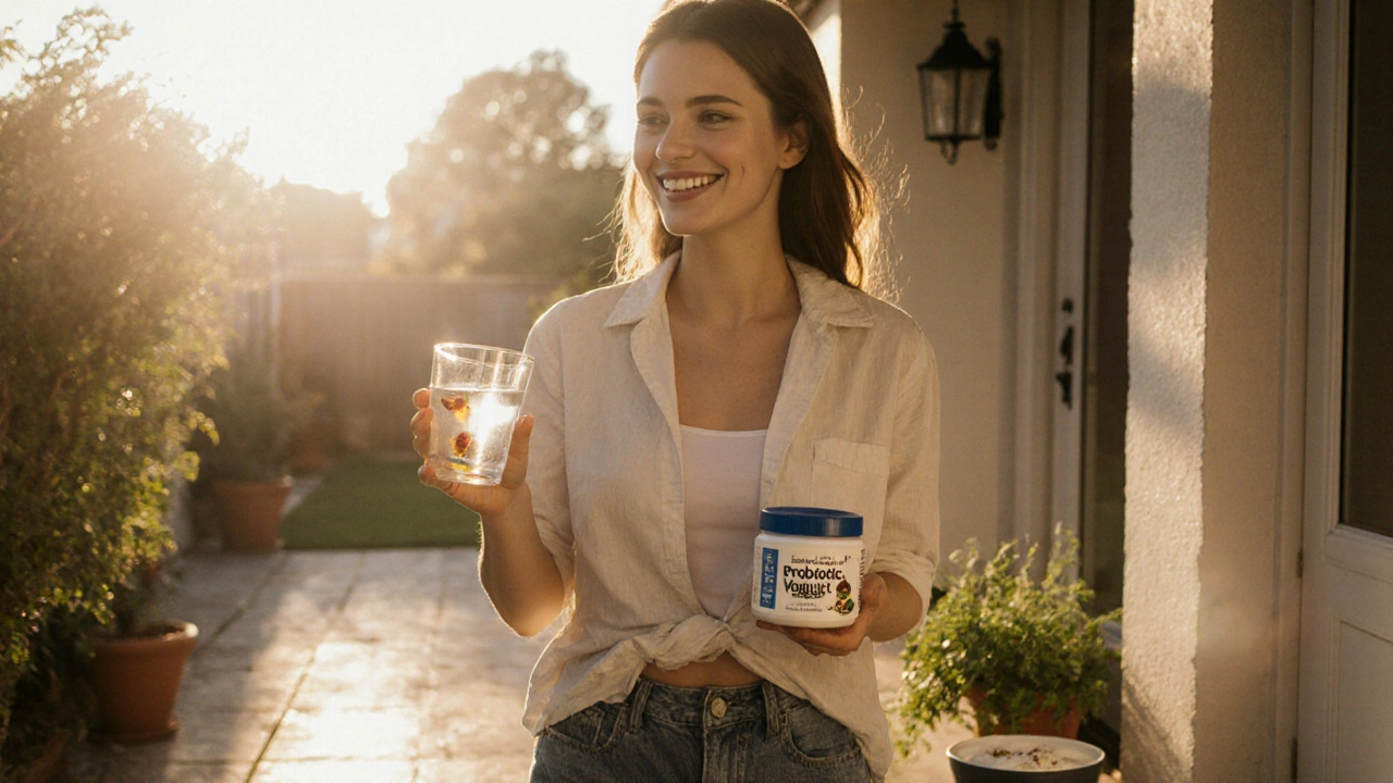Person macht nach dem Essen einen kurzen Spaziergang, hält eine Wasserflasche und ein CBD‑Produkt.