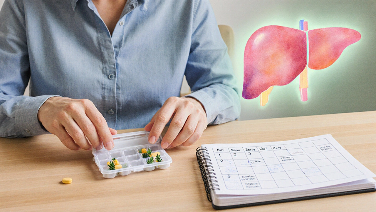 Person nimmt CBD‑Kapseln, Kalender für Bluttests im Hintergrund, gesunde Leber.