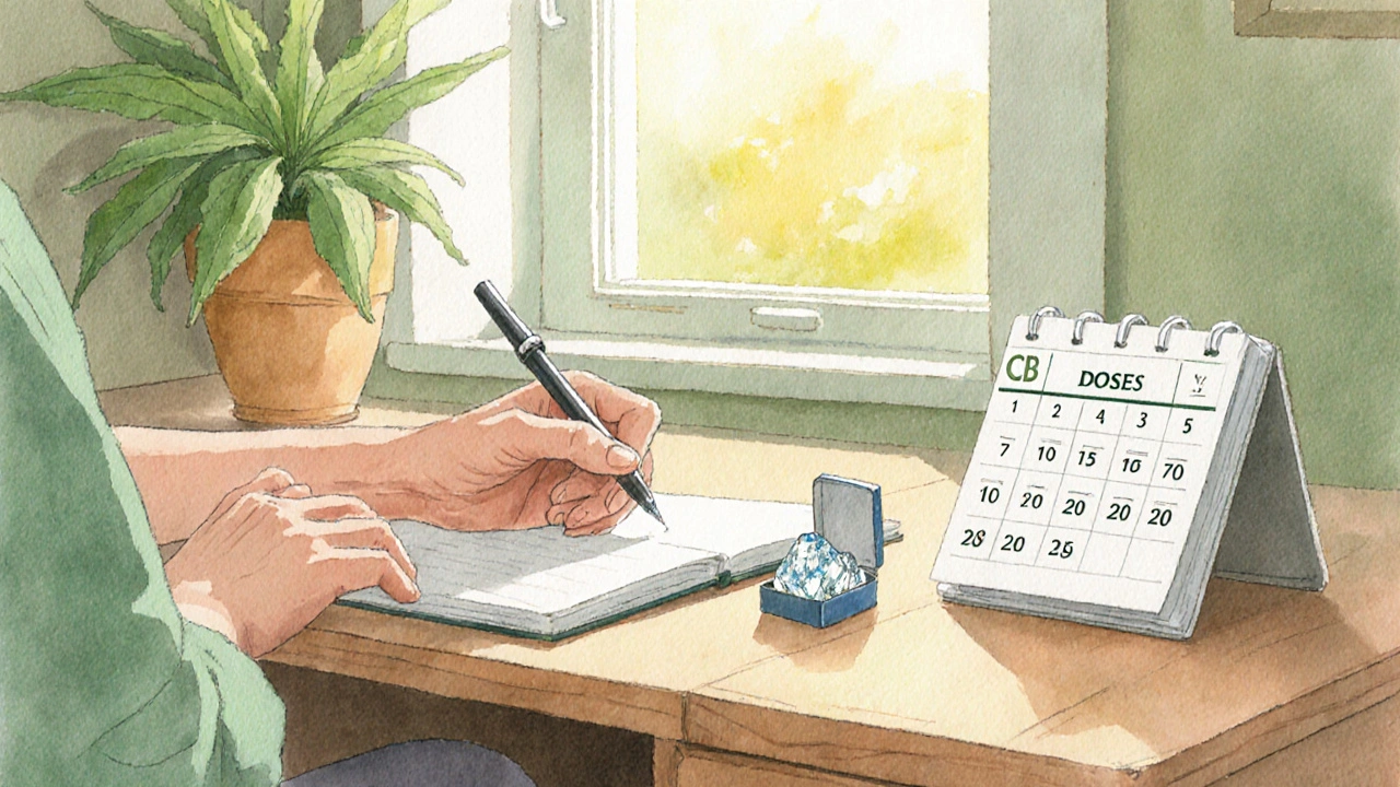 Person notiert Dosierung in einem Notizbuch, CBD‑Kristall und Kalender im ruhigen Morgenlicht.