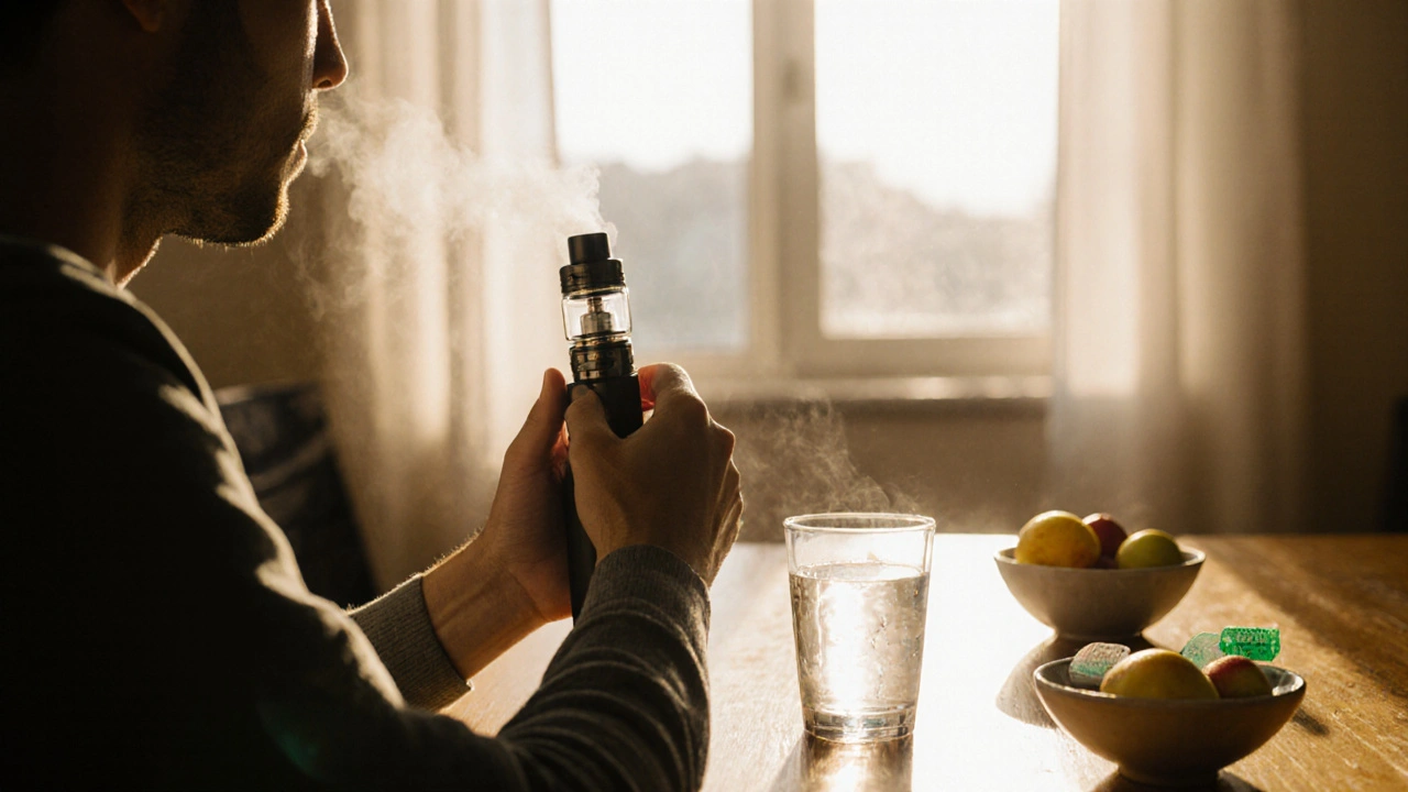 Szene einer Person, die Wasser trinkt, ein Vape bei niedriger Wattzahl hält und ein Kaugummi genießt, im warmen Tageslicht.