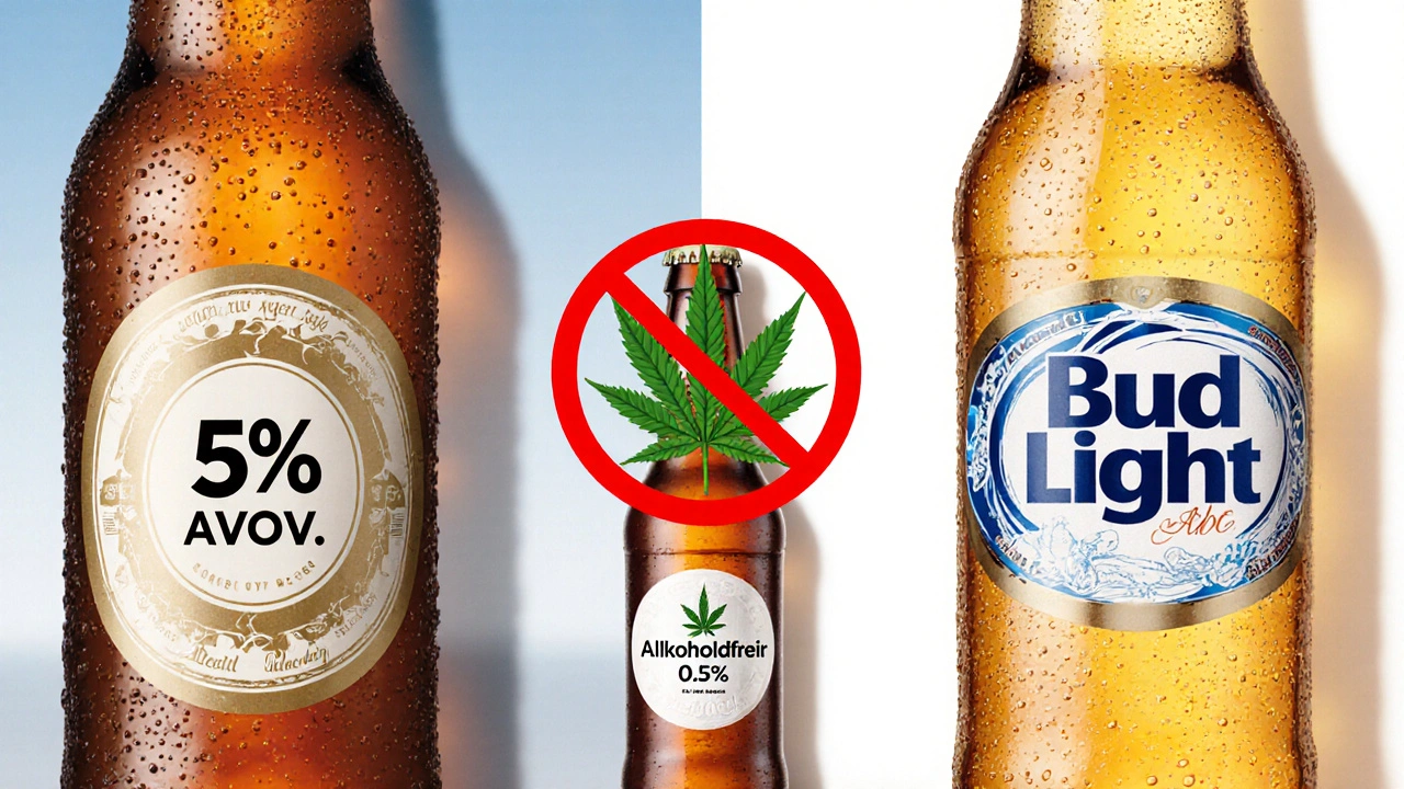 Vergleich von normalem Bier, Light-Bier und alkoholfreiem Bier mit einem Kreuz über einem Cannabis-Blatt.