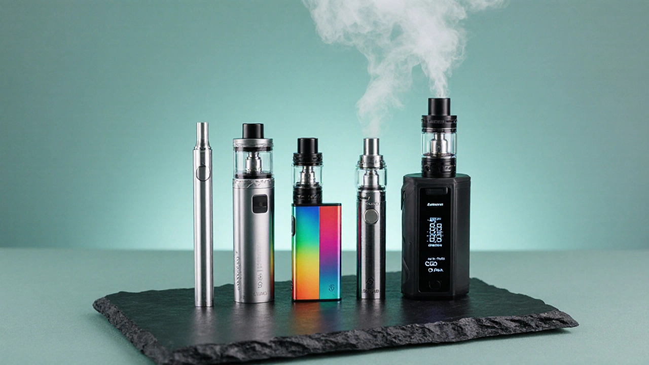Vier verschiedene CBD‑Vape‑Modelle auf dunklem Stein, jedes mit leichter Dampfwolke daneben.