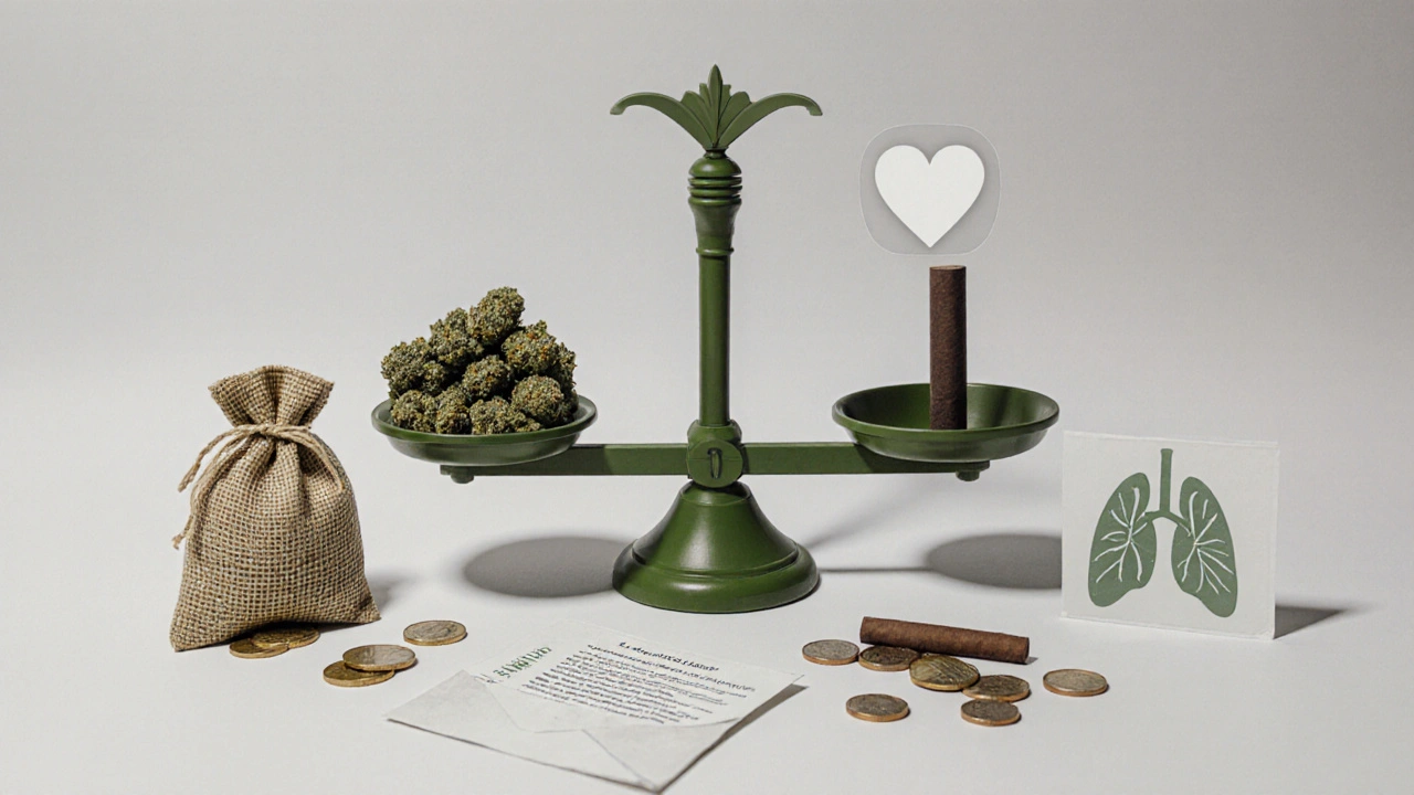 Waage mit Hanfbündel versus Blunt, umgeben von Münzen, Rechts‑ und Gesundheits‑Symbolen.