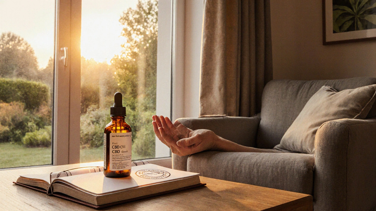 Wasserfarben‑Szene eines gemütlichen Wohnzimmers mit CBD‑Flasche und entspannter Person.