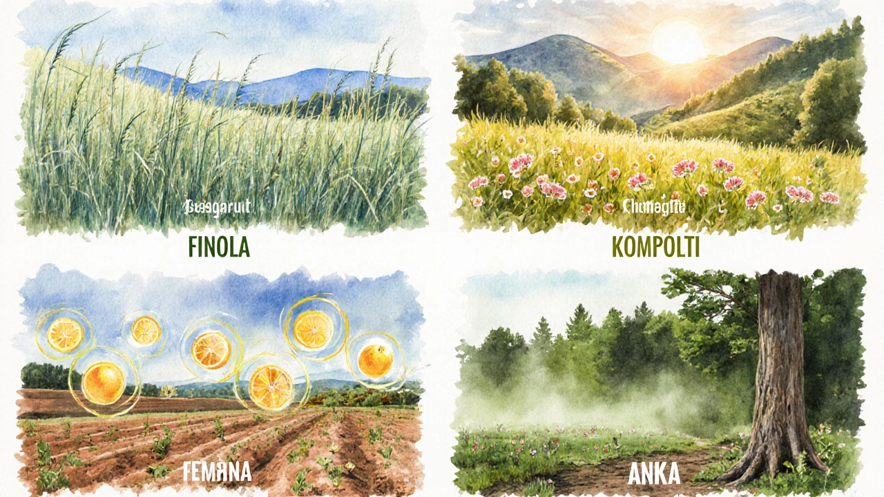 Wassermalfarben‑Collage von vier Hanffeldern, die verschiedene Sorten und Aromen zeigen.