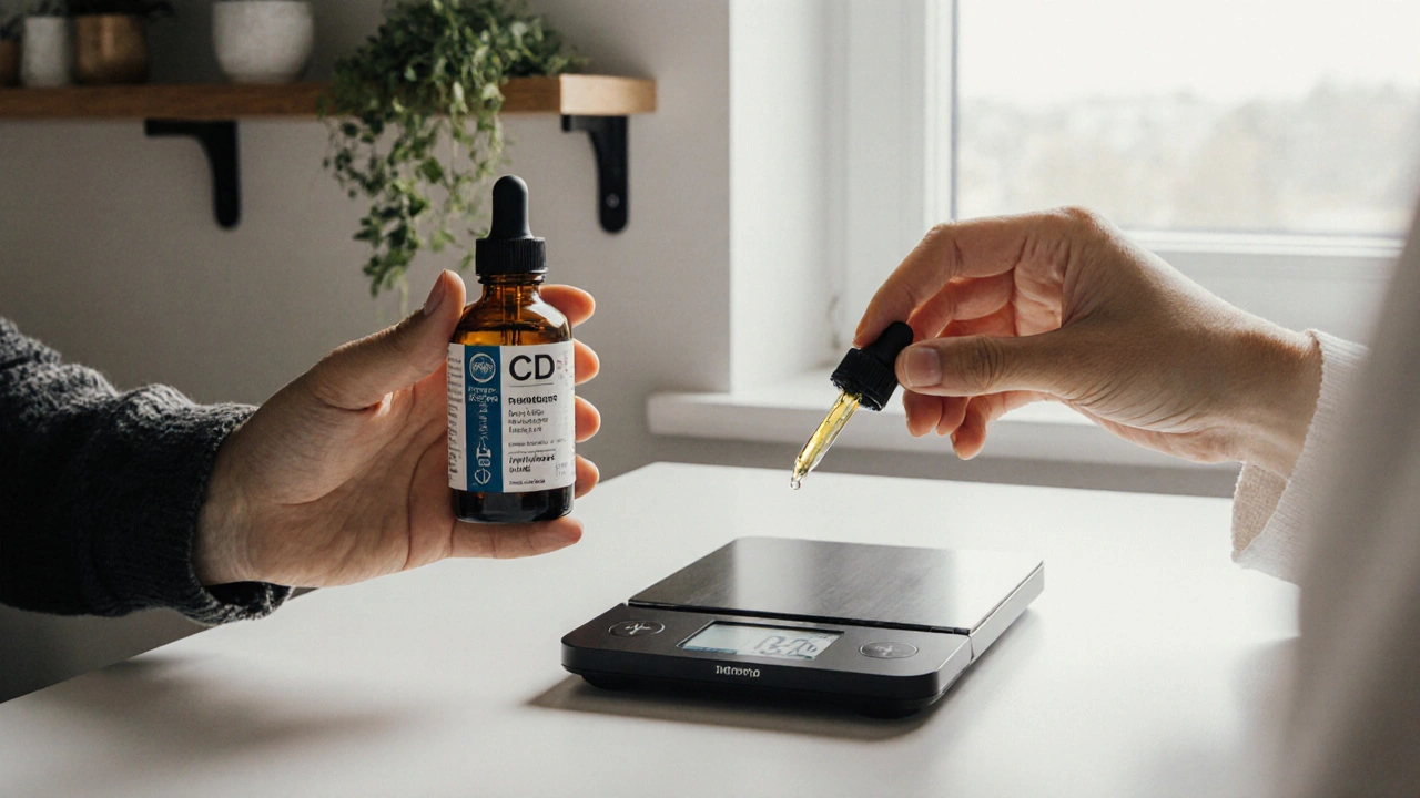 Zwei Hände: eine mit einer CBD-Tinkturflasche, die andere misst die Dosis auf einer Waage.