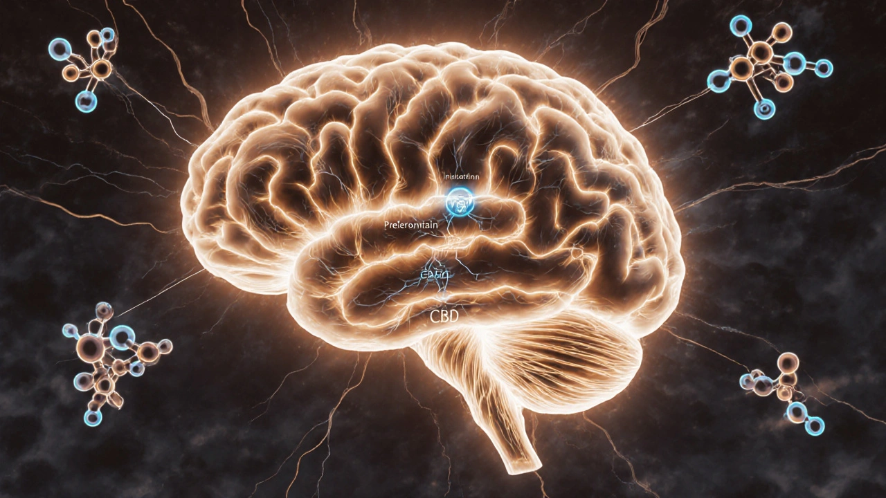 Abstrakte Darstellung eines Gehirns mit leuchtenden Neurotransmitter-Wegen und CBG-Molekülen.