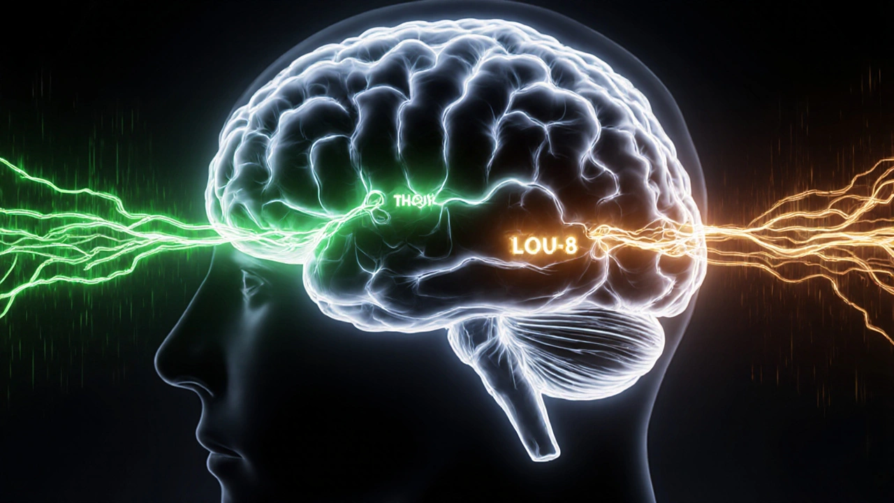 Abstrakte Darstellung eines Gehirns mit zwei Lichtwegen, die THCV und Delta-8 symbolisieren, in sanften Farben.