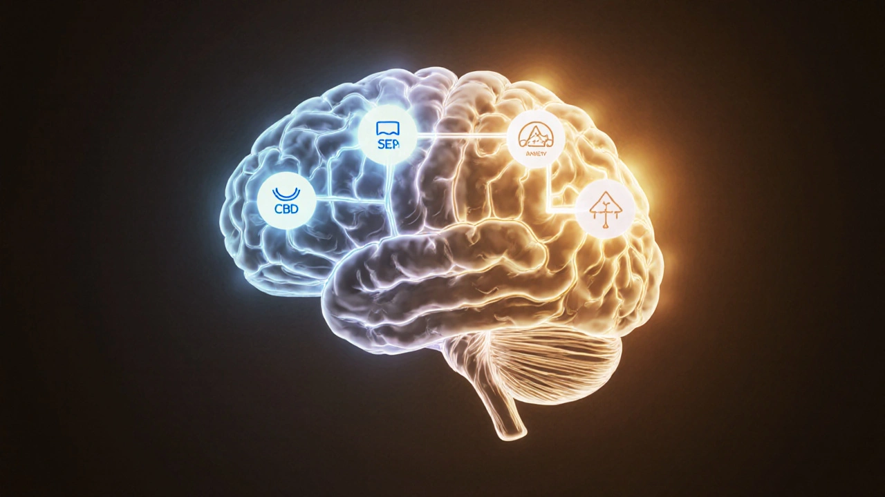 Abstrakte Darstellung eines Gehirns mit zwei unterschiedlichen Wirkwegen für CBD und HHC.