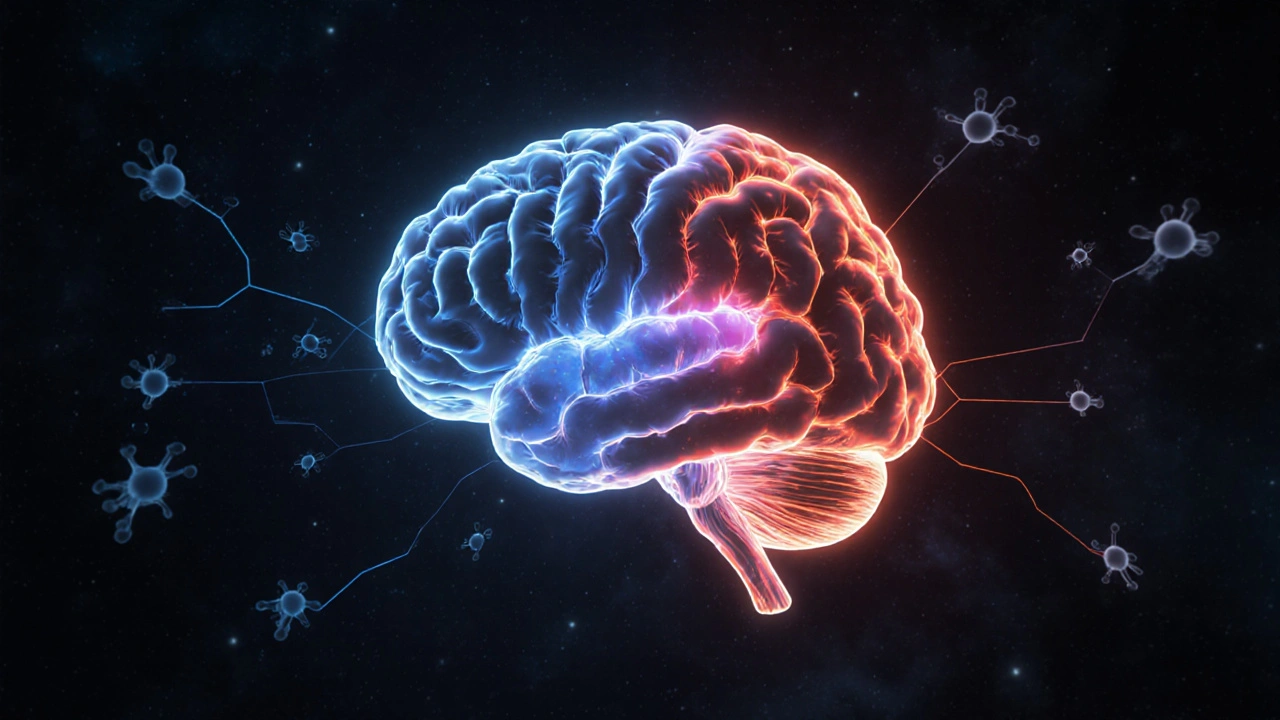 Abstrakte Darstellung von HHC und CBD, die im Gehirn wirken.