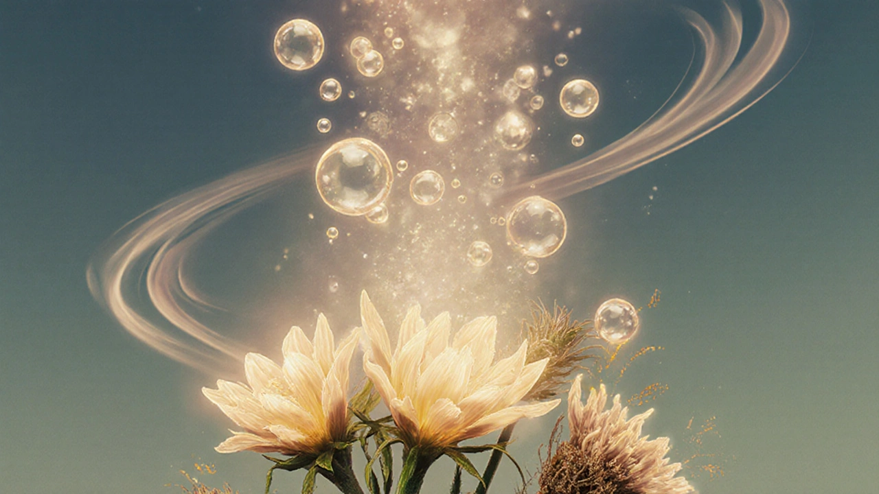 Abstrakte Darstellung von Terpenen als leuchtende Partikel, die von CBD-Blüten aufsteigen