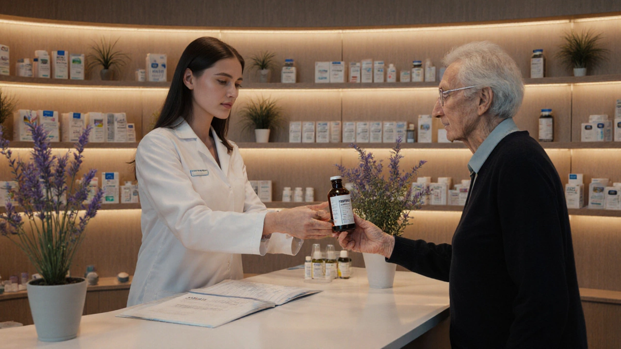 Apotheker reicht einem älteren Patienten ein CBD-Getränk in einer kindersicheren Flasche.