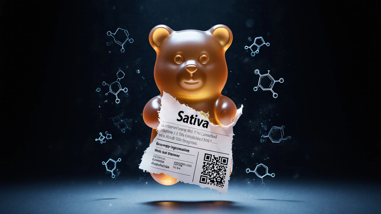 Aufgeplatztes &#039;Sativa&#039;-Etikett, ersetzt durch chemische Zusammensetzung und QR-Code auf einem Gummibärchen.