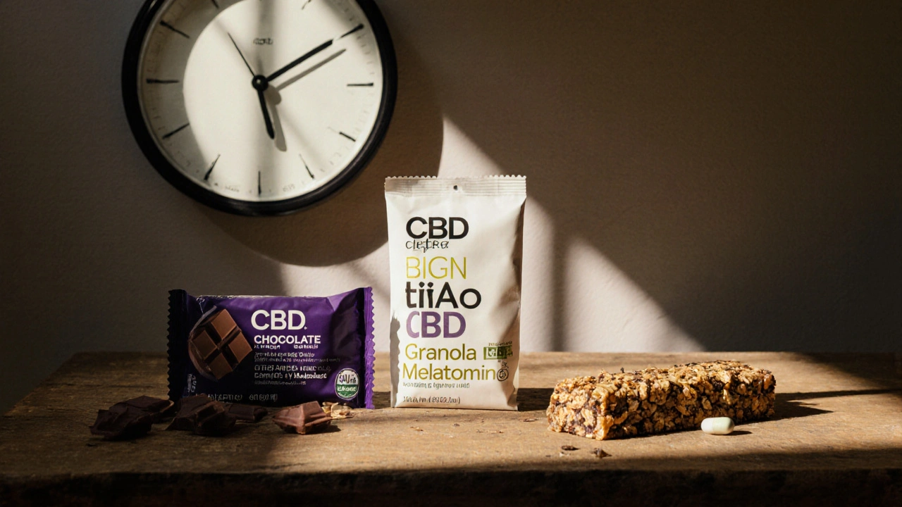 Drei CBD-Lebensmittel auf Holztisch mit Tageszeiten im Hintergrund, natürliches Licht.