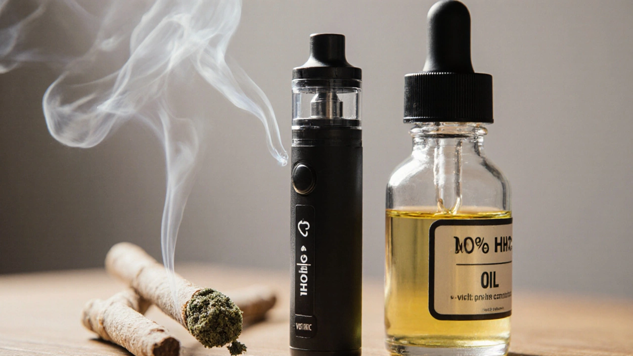 Drei HHC-Konsumformen: Joint, Vape und Tropfen auf einem Tisch.