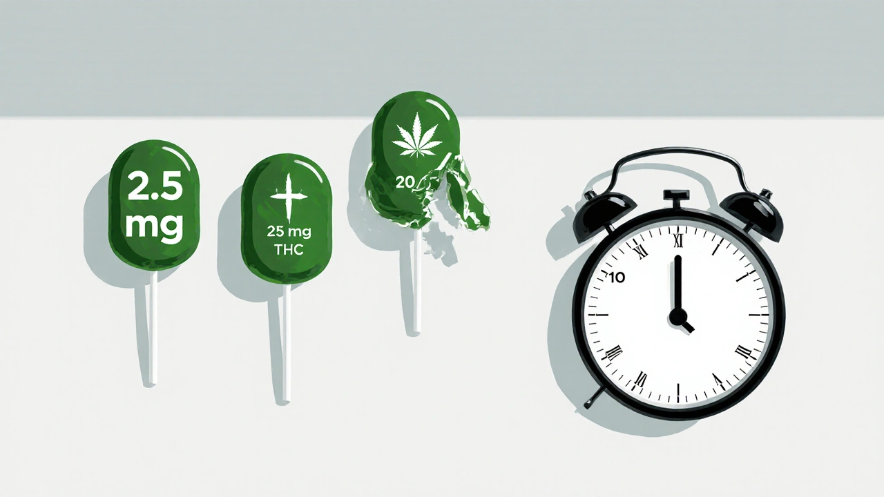 Drei Lutschert mit unterschiedlichen THC-Dosen und Zeitangaben auf weißem Hintergrund