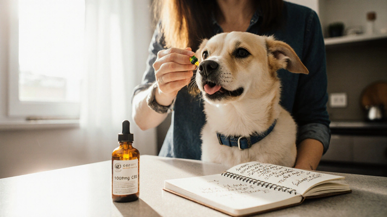 Ein Besitzer gibt seinem Hund vorsichtig CBD-Öl unter die Zunge, während er ruhig zusieht.