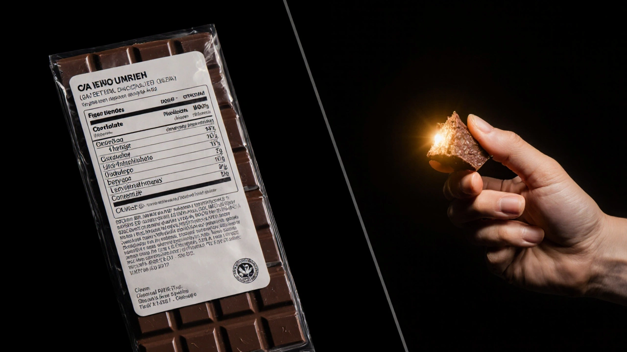 Ein CBD-Schokoladen-Riegel mit Sichtfenster und Zertifikat neben einer Person, die ein Stück isst, goldenes Licht als Wirkungssymbol.