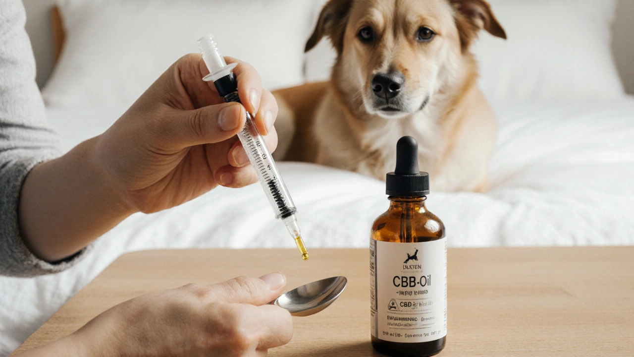 Ein Hundebesitzer misst mit einer Spritze genau eine Dosis CBD-Öl für seinen Hund, ruhige, sorgfältige Atmosphäre.