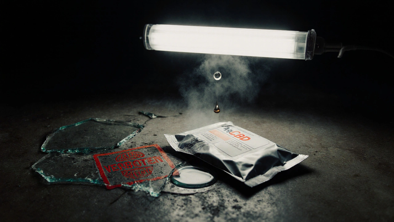 Ein verbotenes H4CBD-Produkt auf dem Boden mit einem roten &#039;VERBOTEN&#039;-Stempel und einer auslaufenden Flüssigkeit.
