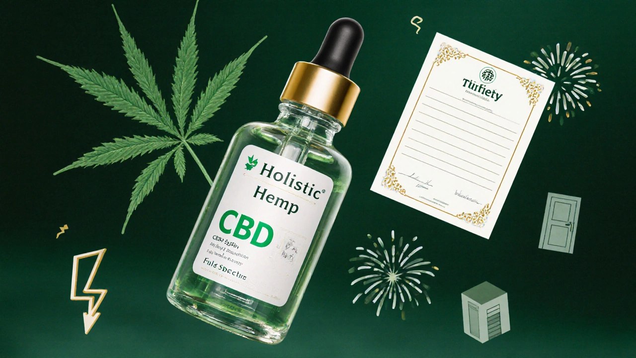 Eine CBD-Öl-Flasche mit Full-Spectrum-Etikett liegt neben einer Hanfpflanze und einem Laborzertifikat.