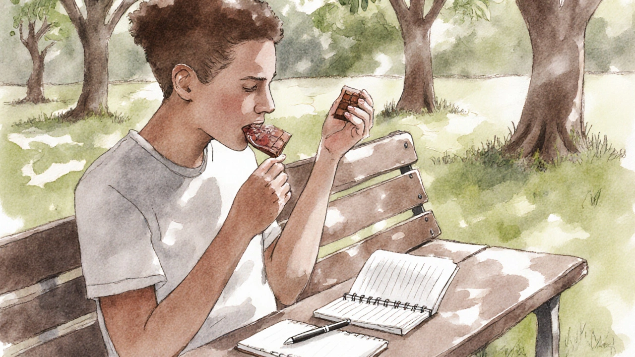 Eine Person genießt CBD-Schokolade auf einer Parkbank am Nachmittag, notiert ihre Gefühle in einem Notizbuch.