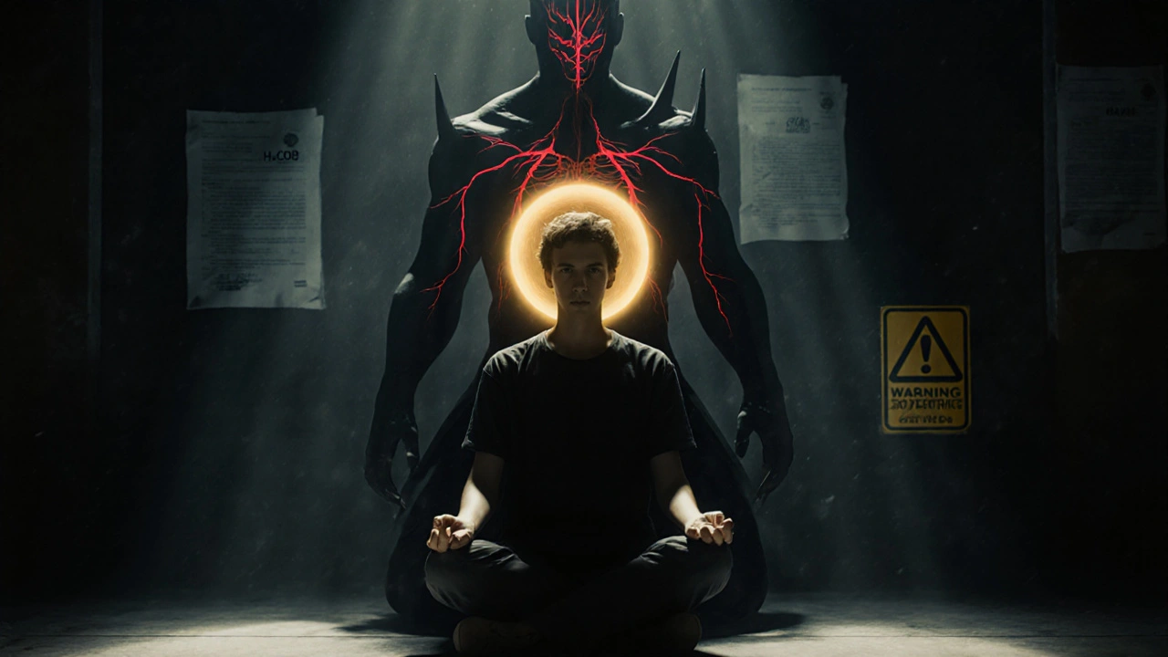 Eine Person in Meditation, umgeben von goldenem Licht, während eine dunkle, bedrohliche Gestalt von H4CBD hinter ihr schwebt.