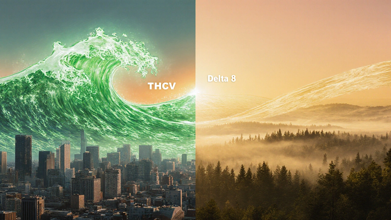 Gegensätzliche Energien: THCV als grüner Wind und Delta-8 als goldenes Nebelgewölbe, die sich in einer Landschaft vereinen.