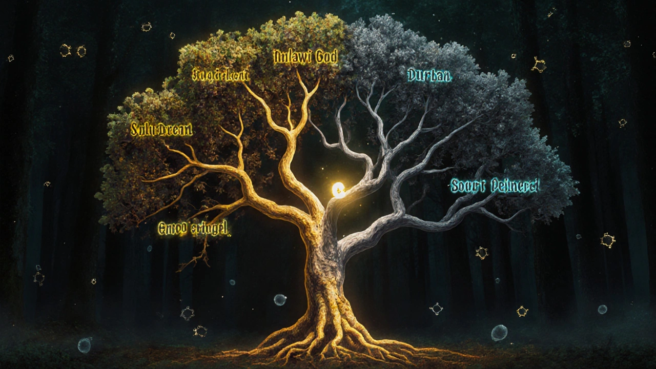 Genetischer Baum mit afrikanischen Cannabis-Sorten, die THCV tragen, während moderne Sorten kahl bleiben.