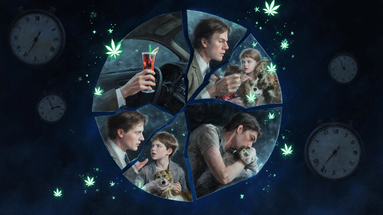 Gespiegelte Versionen einer Person in gefährlichen Situationen, umgeben von THC-Molekülen und verwaschenen Uhren.