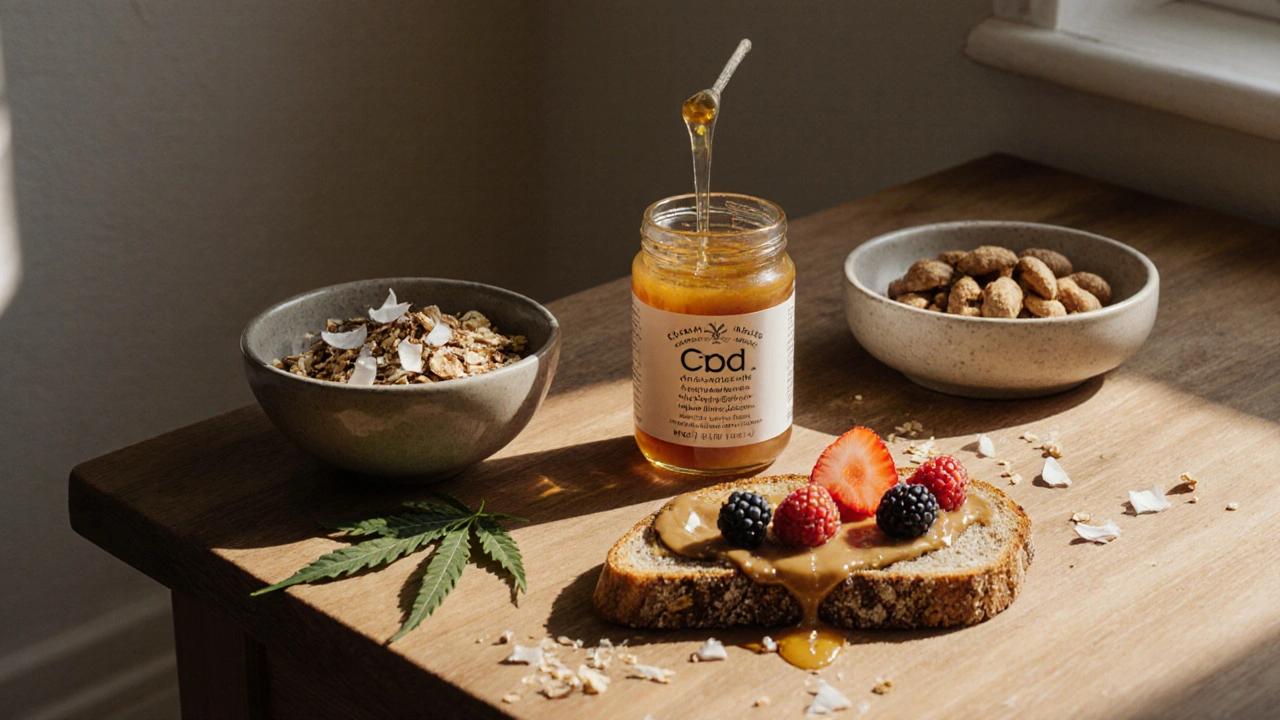 Gesunde CBD-Snacks auf Holztisch: Honig, Nüsse, Granola und Früchte bei natürlichem Licht.
