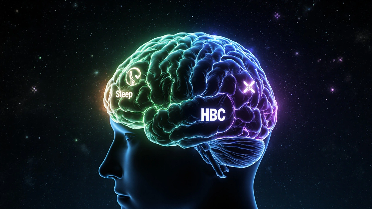 Illustration eines Gehirns mit zwei unterschiedlichen Wirkwegen von CBD und HHC.