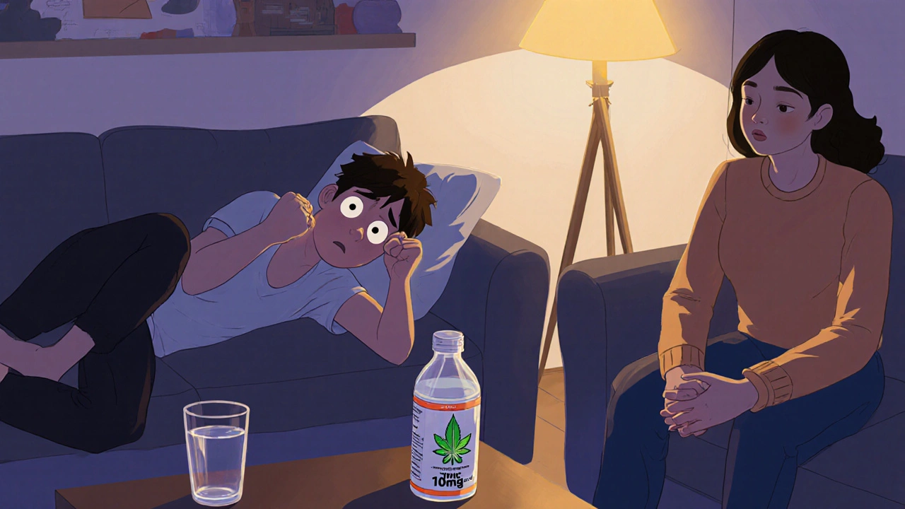 Junge Person auf dem Sofa, ängstlich, Freund hält Wasser – Cannabisgetränk auf dem Tisch.