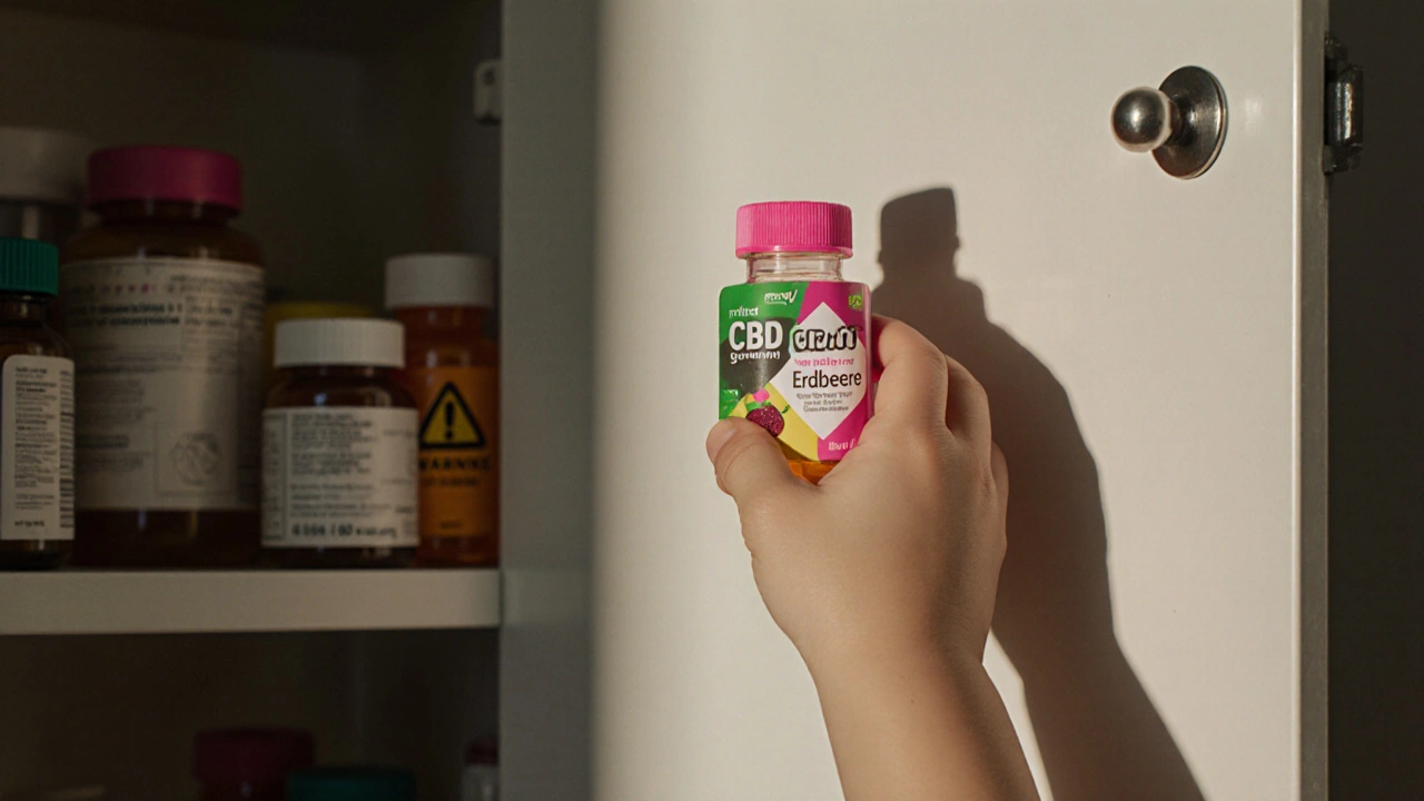 Kind greift nach einer CBD-Gummibärchen, während im Hintergrund Medikamentenflaschen zu sehen sind.